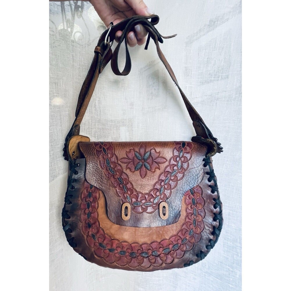 Vintage Mexican Leather Bag SIOUX Tooled Floral Boho Hippie Shoulder Crossbody